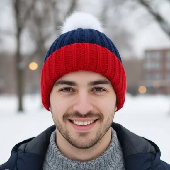 Winter Pom-Pom Beanie - Navy Red & White Football Fan Hat - 100% Acrylic New - Picture 1 of 6